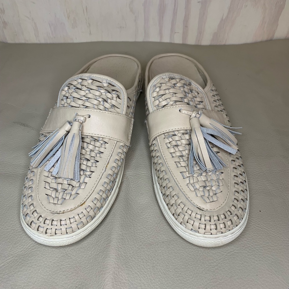 J/Slides Carissa Nude Leather Tasseled Mule Slip On​​​​​